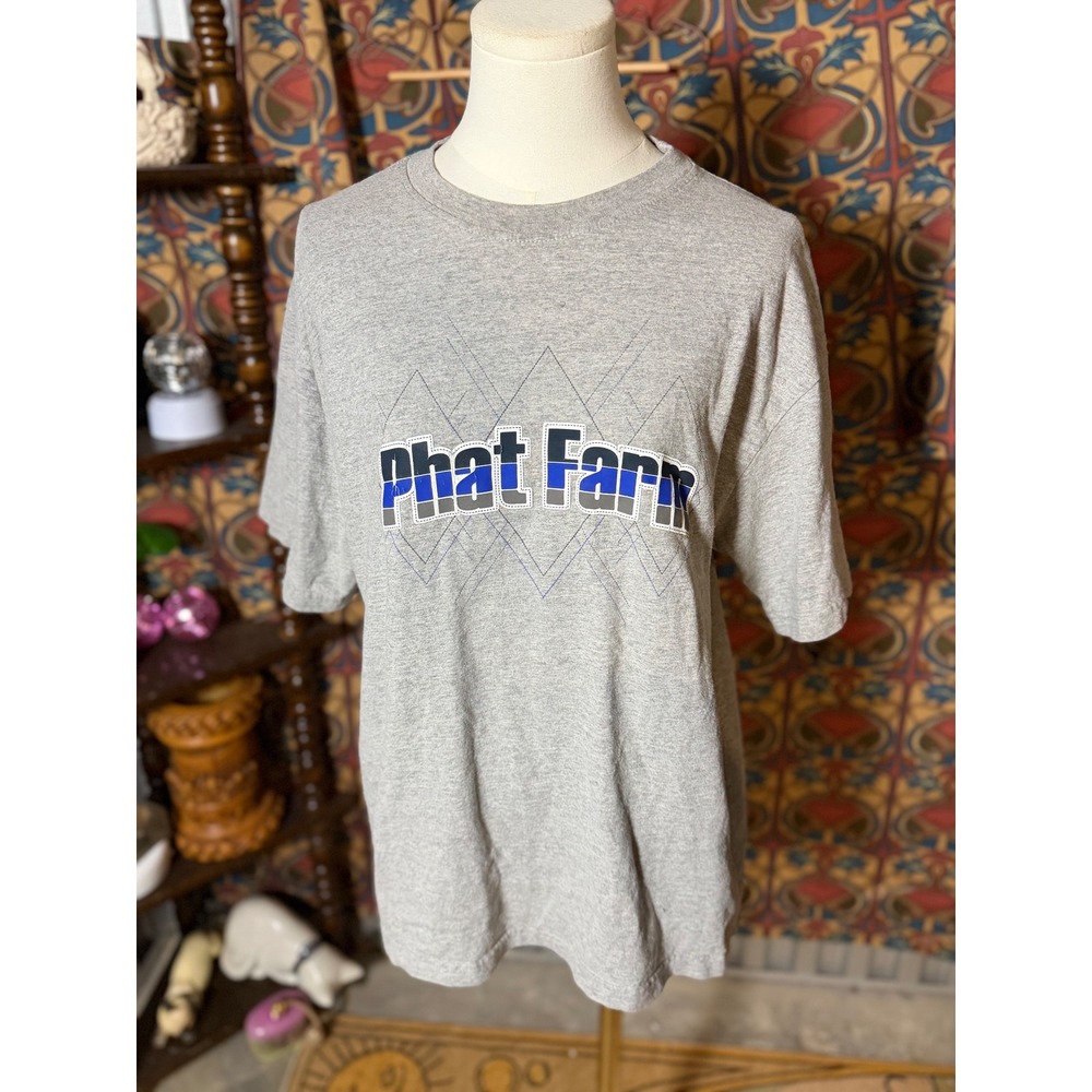 Phat Farm Mens Gray Graphic T Shirt Large Logo Spell Out Short Sleeve Casual Top